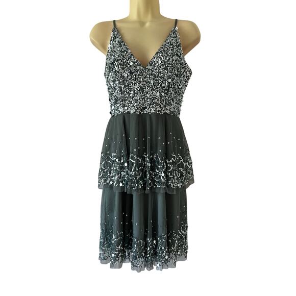 Lace & Beads Silver Gray Sequin Mini Dress Size Small Tiered Tulle - Picture 1 of 9